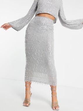 ASOS EDITION sequin & crystal fringe midi skirt in grey